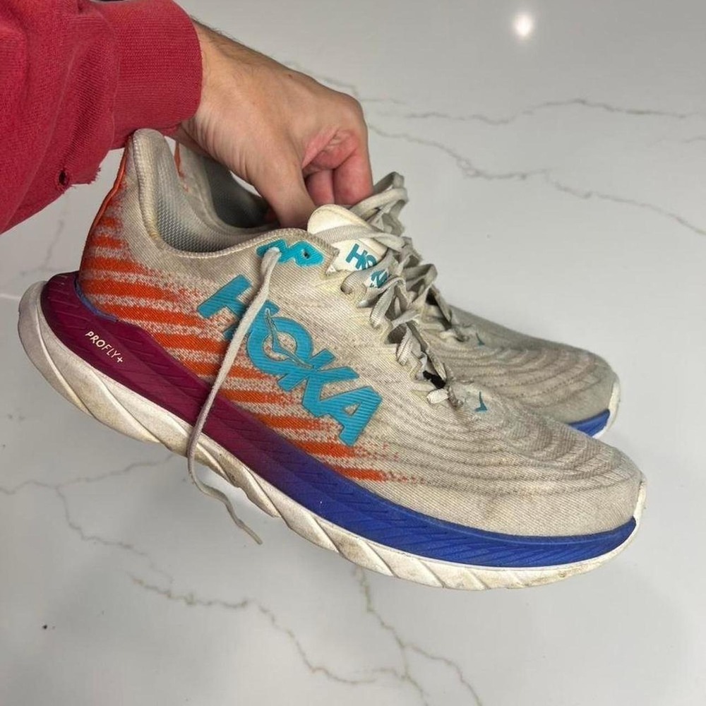 Hoka Mach 5 Running Shoes Mens 10.5 White Orange Blue PROFLY+ 1127893 WEM